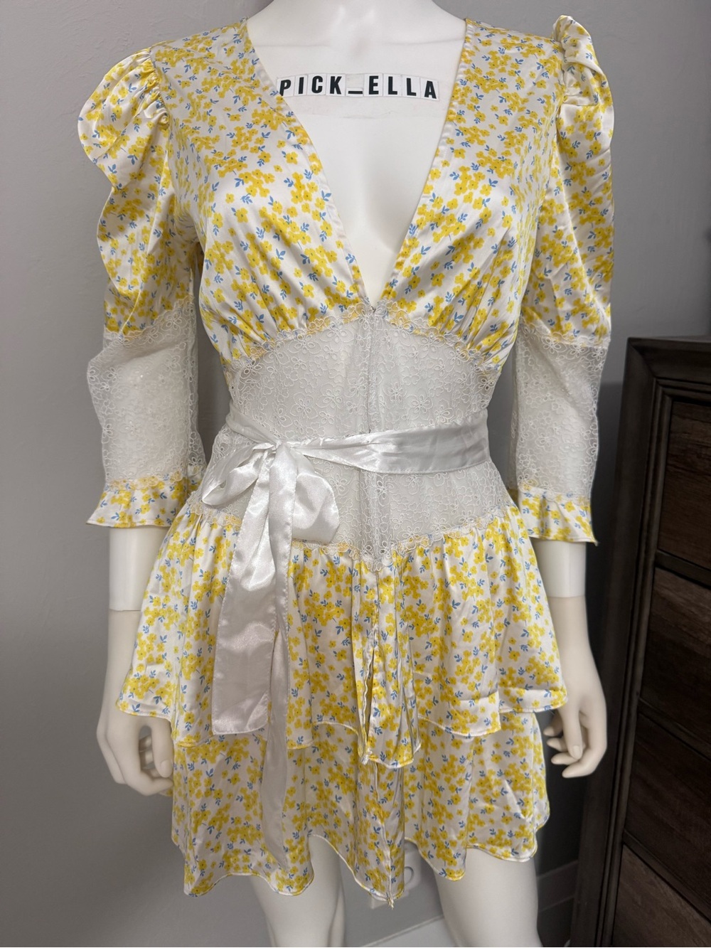 M FOR LOVE & LEMONS Yellow&blue Daffodil Puff leeves floral Ruffled dress / Robe